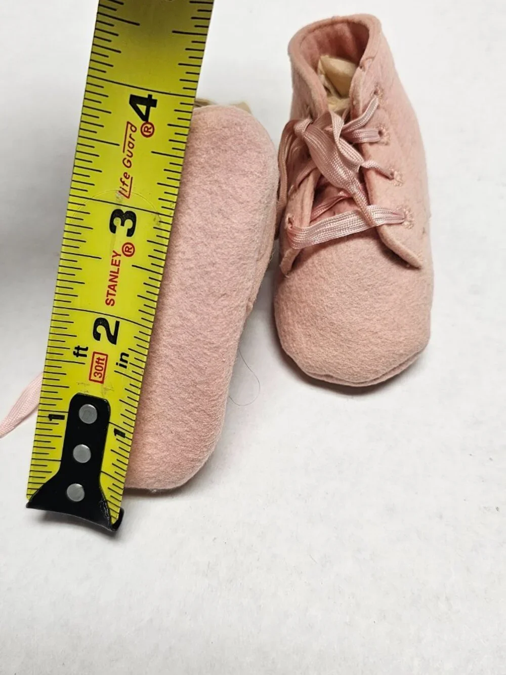 Vintage Infant Baby Deer Pink Felt Wool Satin Lace Made in Farmington USA Shoes